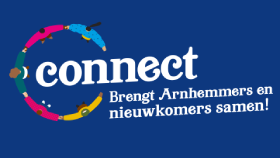 Logo Connect met tekst Connect Brengt Arnhemmers en nieuwkomers samen!