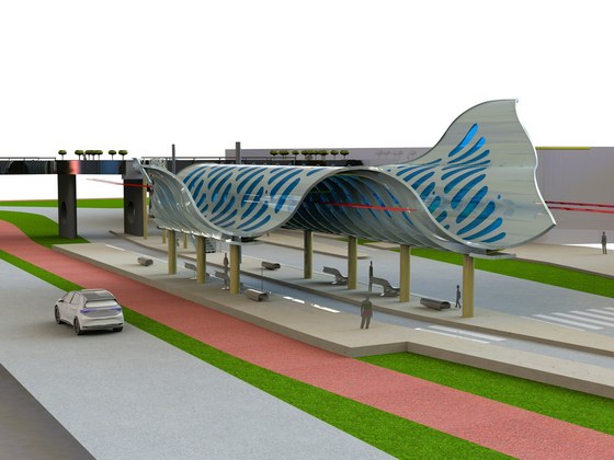 Een impressie van het vernieuwde busstation. Boven het perron is het nieuwe dak te zien, in de vorm van een golvende plaat met blauwe strepen erop.