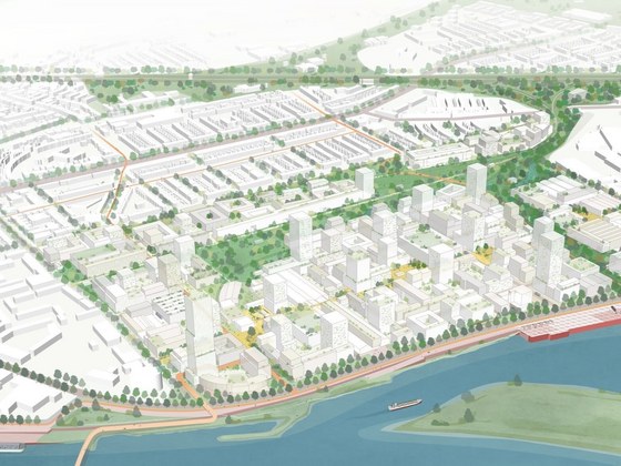 Een artist impression geeft weer hoe de wijk vanuit de lucht er uit zal gaan zien.