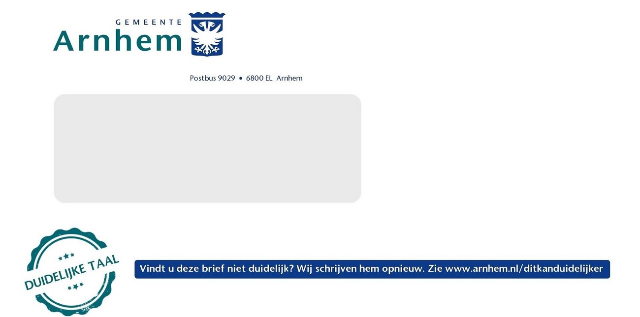 Terugstuurenvelop met logo en adres van de gemeente, het logo van Duidelijke Taal en de tekst 'Vindt u deze brief niet duidelijk? We schijven hem opnieuw'
