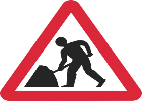 Een verkeersbord, driehoek met een rode rand en een wegwerker erop.